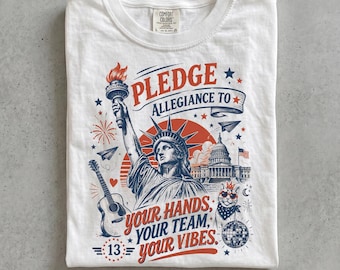 Camiseta "Promete lealtad a tus manos, tu equipo, tu vibra", divertida camiseta patriótica para amantes de la música del 4 de julio, con la bandera de EE. UU.