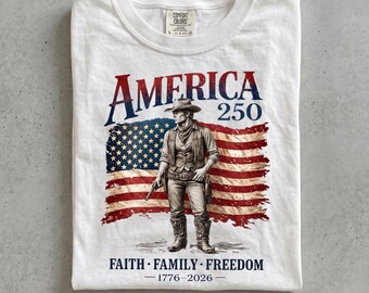 Vintage Cowboy Patriotic Shirt, America 250th Tee, Faith Family Freedom Shirt, 1776-2026 USA Anniversary, Western Flag Top