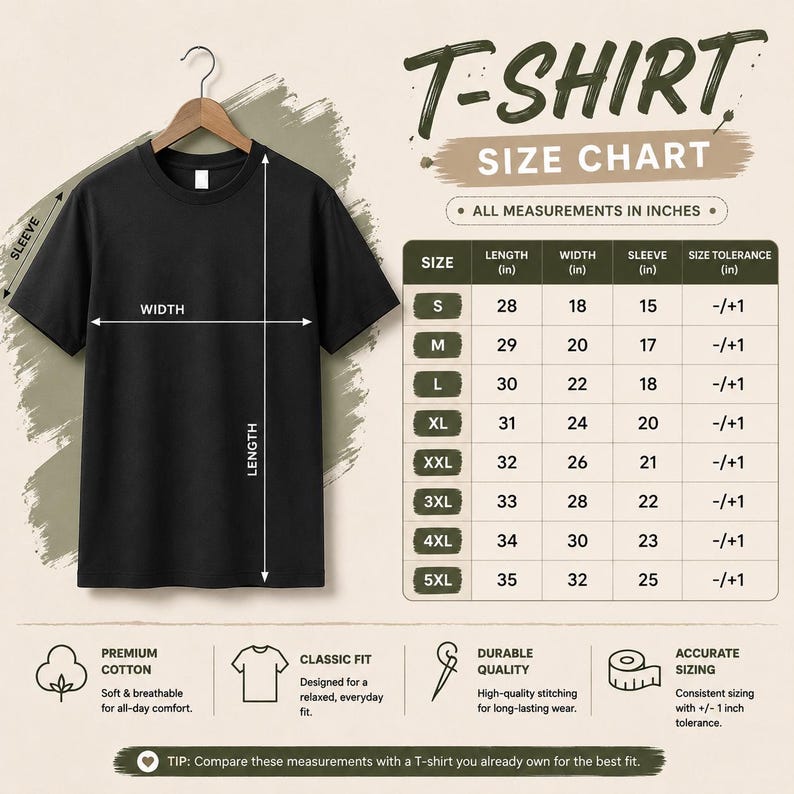 May include: A black short-sleeve t-shirt hanging on a wooden hanger next to a size chart with measurements in inches. The chart lists sizes from S to 5XL with corresponding length, width, and sleeve measurements, plus a size tolerance of -/+1 inch.