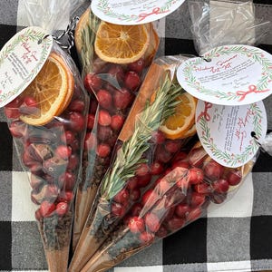 May include: Three cellophane bags filled with cranberries, dried orange slices, and spices. Each bag has a decorative tag that reads "Holiday Simmer Pot Kit." The bags are tied with twine and are arranged on a black and white checkered surface.