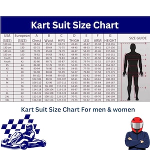 Peut inclure: Tableau des tailles de combinaisons de karting, avec des mesures en centim&egrave;tres. Il indique les mesures de poitrine, taille, hanches, cuisse, jambe, bras et hauteur, de Youth &agrave; 3XL. Un sch&eacute;ma montre les points de mesure.