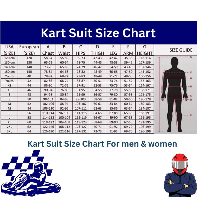 Peut inclure: Tableau des tailles de combinaisons de karting, avec des mesures en centim&egrave;tres. Il indique les mesures de poitrine, taille, hanches, cuisse, jambe, bras et hauteur, de Youth &agrave; 3XL. Un sch&eacute;ma montre les points de mesure.