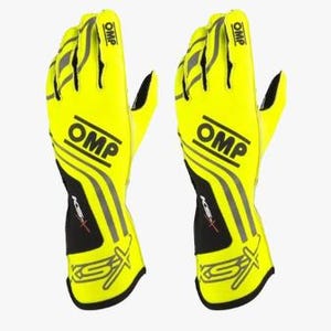 May include: Pair of bright yellow racing gloves with the OMP logo and gray accents. The gloves have black and gray details on the wrist and fingers. The gloves are designed for motorsports.