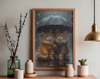 Cuadro de gatos románticos bajo una sombrilla: una acogedora pintura de gato en una tarde lluviosa, descarga digital
