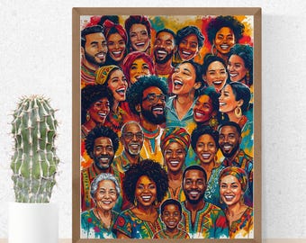 Impresión de arte mural de una comunidad alegre - Ilustración cultural colorida - Pintura de personas diversas - Retrato africano en acuarela