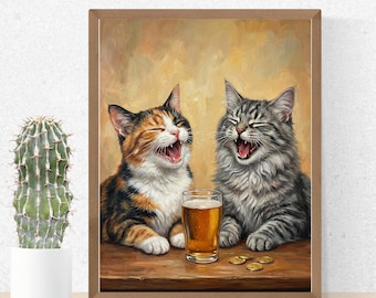 Impresión en lienzo de dos amigos felinos bebiendo cerveza: arte mural divertido para gatos, regalo para amantes de los gatos
