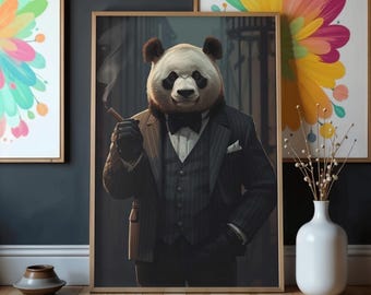 Impresión de panda fumando puros / Traje vintage, arte urbano melancólico (descarga digital)