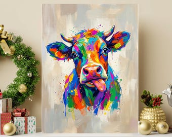 Grillige kleurrijke koe muurkunst - olieverfschilderij koeportret - canvasafdrukken boerderijdieren