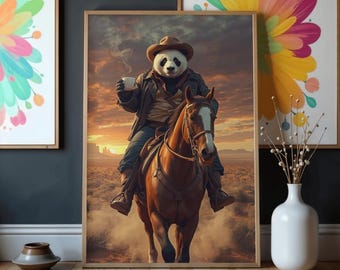Póster de vaquero panda para pared: divertido póster del Oeste (descarga digital)