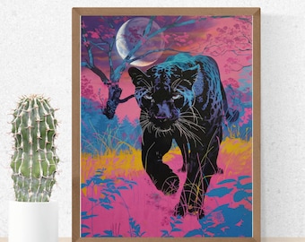 Impresión de pantera negra neón: arte mural colorido de vida silvestre de la jungla (PDF y JPG)