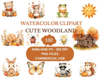 Conjunto de imágenes prediseñadas de animales del bosque otoñal / Paquete de animales otoñales en acuarela / Uso comercial