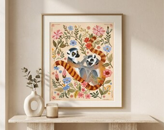 Lámina decorativa de lémur para pared, arte popular escandinavo, decoración animal estilo cottagecore, arte para la habitación infantil, póster botánico de lémur, arte imprimible