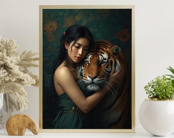 Arte mural de mujer mística y tigre de Bengala, póster cinematográfico de jungla, decoración bohemia con animales.