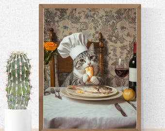 Lámina artística vintage de cocina de Chef Cat, póster divertido de animales (descarga digital)