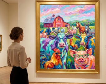 Impresión de arte mural con animales de granja coloridos, ilustración de granja caprichosa, animales divertidos con gafas