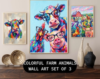 Láminas artísticas de animales de granja: Vaca, cerdo y pollo (descarga digital)