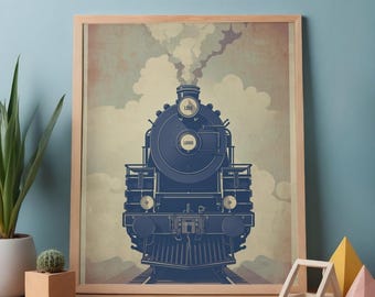 Póster de locomotora de vapor vintage – Arte ferroviario de los años 40 (Descarga digital)