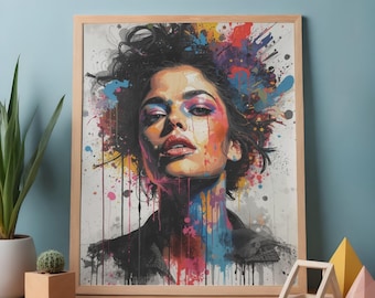 Retrato de mujer en acuarela vibrante / Estilo de arte callejero colorido / Pintura al óleo digital Arte mural femenino
