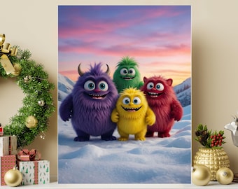 Impresión de arte mural de monstruos coloridos: Monstruos esponjosos con un retrato vibrante - Imprimible divertido para habitación infantil
