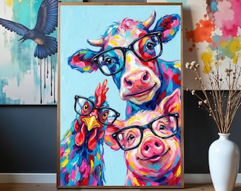 Lámina artística de animales de granja con gafas: estilo empasto caprichoso (descarga digital)