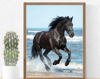 Impresión de arte mural de caballo negro - Caballos corriendo en la playa - Descargas de Moody Horse
