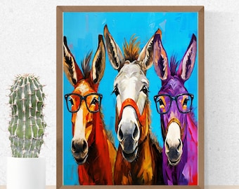 Impresión de arte mural de burros coloridos - Pintura al óleo abstracta de burro - Pintura divertida de animales de granja