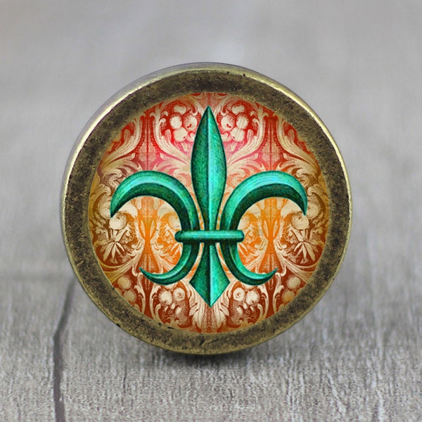 FLEUR DE LIS Verre Cabochon Bronze armoire Commodes pull / Dresser Pull / Boutons d’armoire / Boutons de meubles