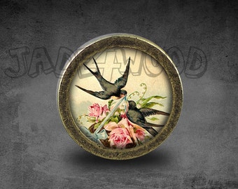Bird Glass Cabochon Bronze Dresser Knob: Floral Illustration