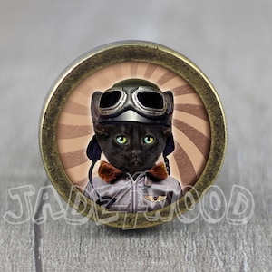 May include: A round, brass-coloured knob featuring a black cat wearing aviator goggles and a brown leather jacket. The cat is set against a brown and white striped background.