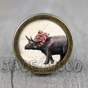May include: A bronze knob with a round, white background featuring a cartoon illustration of a grey rhinoceros wearing a red, white and blue patterned hat.