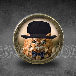 Può includere: Spilla circolare color bronzo con un gufo che indossa un cappello a bombetta nero, un monocolo e un papillon. Il gufo è posto su uno sfondo marrone chiaro, con la scritta "JAX WOOD" in bianco in basso a sinistra.
