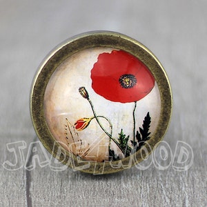 May include: A round, brass-colored cabinet knob with a glass insert featuring a red poppy flower with green leaves and a white background.
