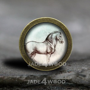 May include: A round, brass-coloured, decorative knob with a glass insert featuring a black and white line drawing of a horse. The text "JADE4WOOD" is visible on the knob.