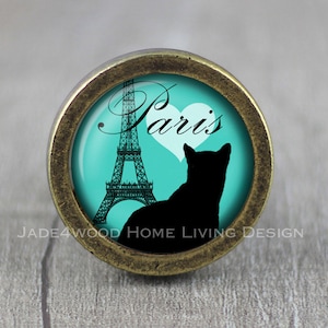 Eiffel Tower Cat Glass Cabochon Vintage Bronze Dresser Knob