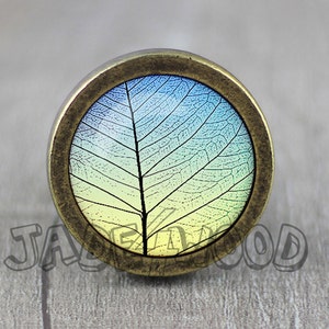 May include: A round, brass-coloured knob with a glass insert featuring a colourful leaf design. The leaf is a gradient of yellow, green, and blue.