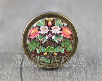 Thaïlande sculpture sur bois design lotus cabochon en verre bronze bouton de commode d'armoire/poignée de commode/bouton de meuble/bouton de meuble