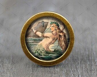 Victoria Mermaid  Glass Cabochon Bronze cabinet Dresser Knob pull / Dresser Pull / Cabinet Knob / Furniture Knob