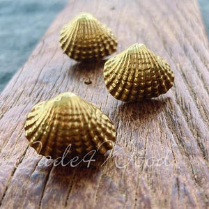 Peut inclure: Trois coquillages dorés sur une surface en bois. Les coquillages sont détaillés et ont une surface texturée.