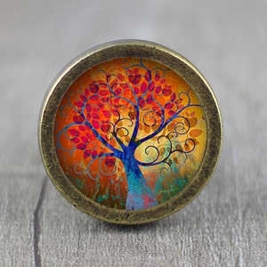 May include: A round, brass-colored knob with a colorful image of a tree with red, orange, yellow, blue, and green leaves. The tree is surrounded by a swirling, abstract design.
