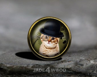 Cabochon en verre, chat steampunk, bouton de meuble pour commode, bouton de meuble pour commode