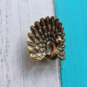 Peut inclure: Bouton de porte en forme de paon doré avec un design détaillé. Le bouton est sur une surface en bois peinte en blanc et turquoise.