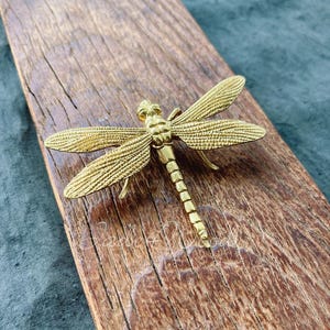 May include: A gold-coloured dragonfly figurine with detailed wings and a textured body. The dragonfly is sitting on a wooden surface.
