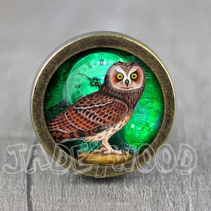 May include: A round, brass-colored knob with a glass insert featuring a brown and white owl with a clock face in the background. The owl is perched on a branch with green leaves.