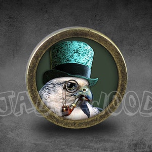 以下が含まれることがあります： 緑と黒のシルクハットをかぶった鳥が、モノクルとパイプをくわえている、真鍮色の丸いノブ。鳥は右を見ている。ノブは灰色の背景にある。