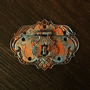 Puede incluir: Un pestillo de metal adornado en tonos plateado y cobre con una cerradura y diseños florales intrincados.
