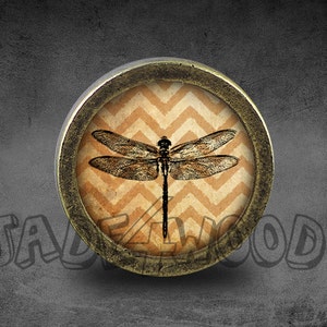 Könnte beinhalten: Ein runder, messingfarbener Knopf mit einem dekorativen Libellen-Design im Vintage-Stil auf einem Hintergrund mit Zickzackmuster.