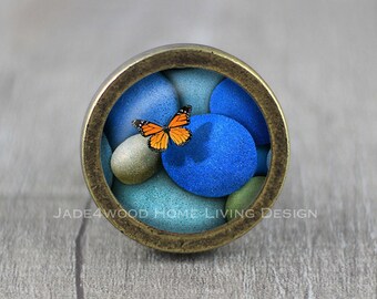 Tirador de pomo para tocador de bronce con cabujón de cristal de mariposa / Tirador de tocador / Pomo para gabinete / Pomo para muebles