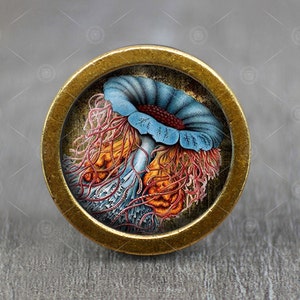 May include: A brass knob with a round, glass top featuring a detailed illustration of a blue and orange jellyfish with tentacles.
