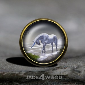May include: A white unicorn with a blue horn stands in a misty, beach-like setting. The image is framed in a gold-coloured metal ring.