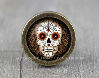 Sugar Skull Glass Cabochon Bronze cabinet Dresser Knob pull / Dresser Pull / Cabinet Knob / Furniture Knob